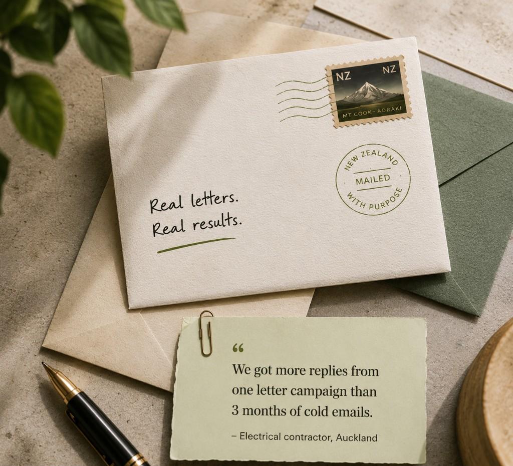 FreshLeads personalised business letter with NZ postage stamp — premium direct mail outreach, an alternative to cold email